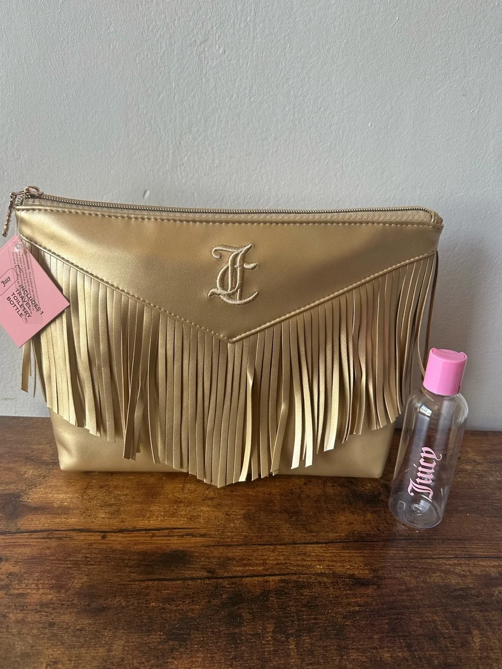 Juicy Couture Metallic Gold Fringe Cosmetic Bag with Embroidered Logo NWT